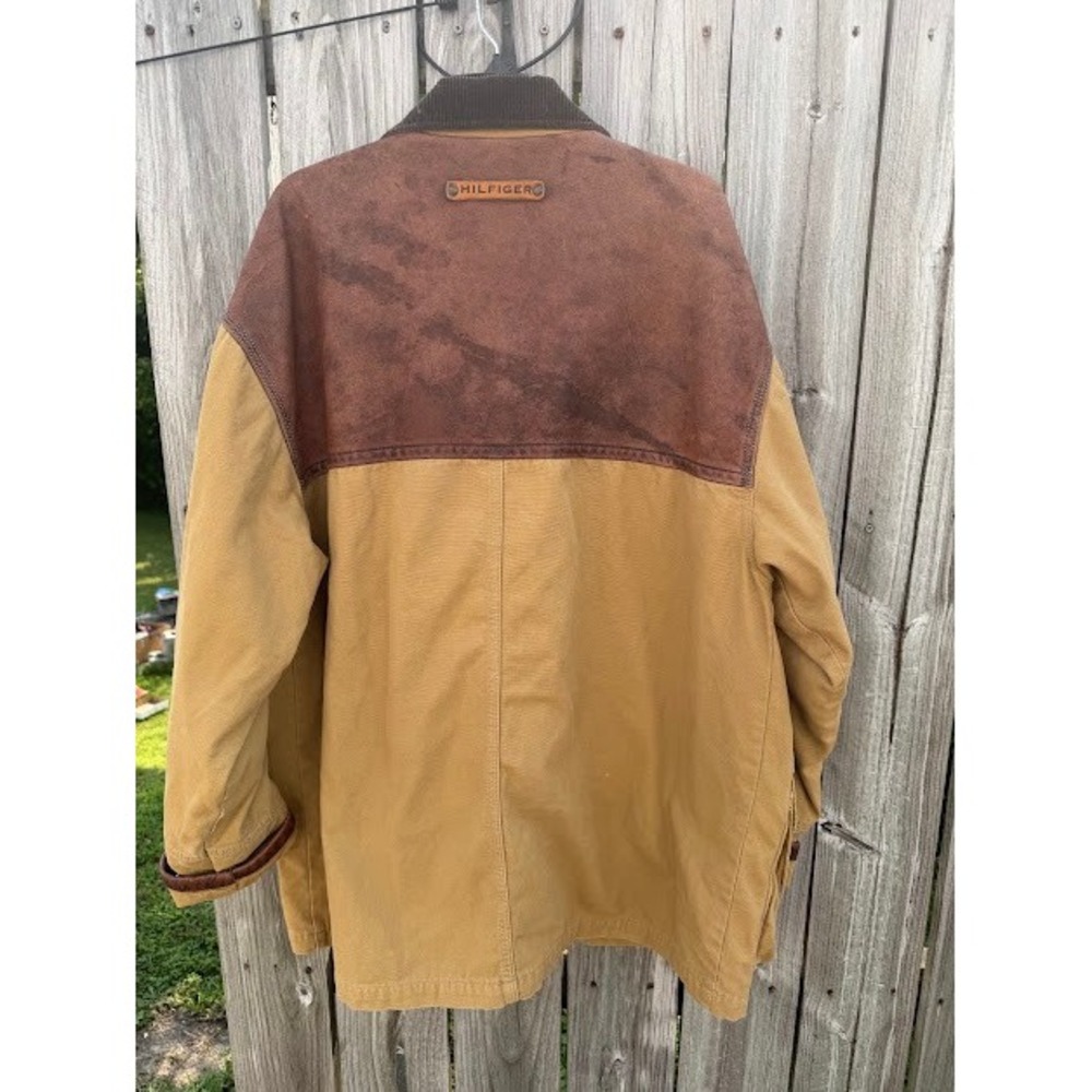 Vintage Tommy Hilfiger Canvas Barn Chore Jacket Tan Leather Yoke Corduroy Plaid - Picture 2 of 16